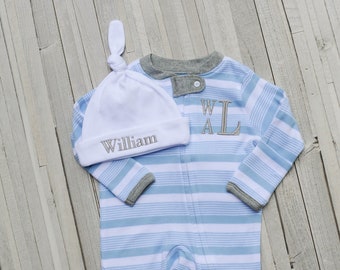 Personalized Baby Romper | Baby Boy Coming Home Outfit | Embroidered Monogram | Baby Shower Gift | Baby Name Pajamas | Baby Boy PJs