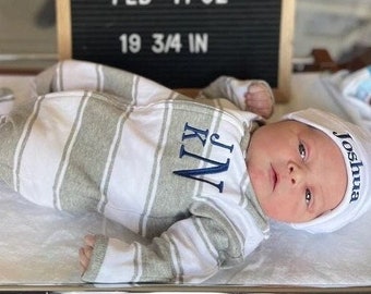 Personalized Baby Romper | Baby Boy Coming Home Outfit | Embroidered Monogram | Baby Shower Gift | Baby Name Pajamas | Baby Boy PJs