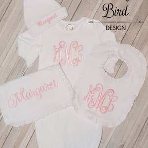 Baby Girl Gift Set 4 piece -  Gown with Hat, Bib, and Burp Cloth