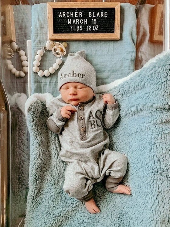 thumbnail image 2 of Baby Boy Outfit, Coming Home Personalized Baby Gift, Custom Baby Apparel, Embroidered Name 2 of 12