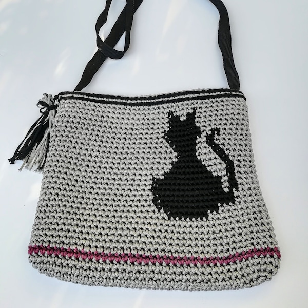 MODELLO borsetta tracolla, borsetta con gattino, borsetta all'uncinetto, borsetta grigia, borsetta di cordino con gatto