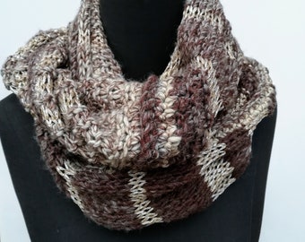 Knitted Infinity scarf, handmade infinity scarf, alpaca and cotton scarf, brown scarf