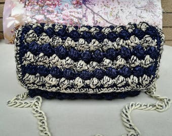 PATTERN: raffia blue bag, raffia shoulder bag, raphia  bobbles bag, raffia mini  bag, raffia  bobbles stitches bag