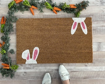 Bunny Doormat, Easter Doormat, Large Doormat, Outdoor Welcome Mat, Spring Doormat, Doormat Layering Rug, New Home Gift, Pink Doormat