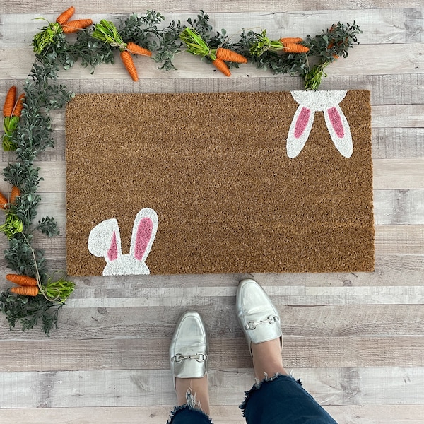 Bunny Doormat, Easter Doormat, Large Doormat, Outdoor Welcome Mat, Spring Doormat, Doormat Layering Rug, New Home Gift, Pink Doormat