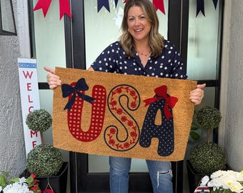 4th of July USA Doormat with Bows, 250th Patriotic Summer Welcome Mat