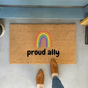 Proud Ally, Gay Pride Decor, Pride Doormat, Queer Doormat, All Are Welcome Here, Outdoor Doormat, Rainbow Doormat, Queer home decor, LGBTQ