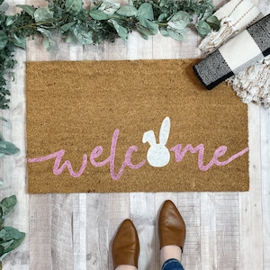 Easter Doormat, Bunny Doormat, Funny Bunny, Outdoor Welcome Mat, Spring Doormat, Doormat Layering Rug, New Home Gift, Pink Doormat, Coir Mat
