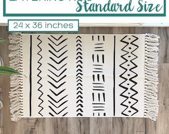 Boho Area Rug, Black and White Pattern Rug, Doormat Layering Rug, Aztec Rug Stripe, Doormat Outdoor Entry Rug for Front Porch, Fringe Rug