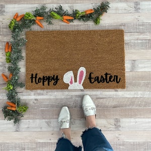 Easter Doormat, Hoppy Easter, Bunny Doormat, Funny Bunny, Outdoor Doormat, Spring Doormat, Doormat Layering Rug, New Home Gift, Coir Mat