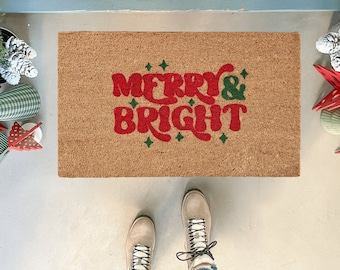 Merry and Bright Doormat, Retro Christmas Doormat, Christmas Decor outdoor porch, Winter Doormat, Holiday Door Mat, Christmas Door Decor