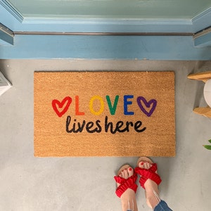 Love Lives Here Door Mat, LGBT Pride, Trans Pride Gift, Outdoor Doormat, Housewarming Gift, Newlywed Doormat, Pride Welcome Mat, Coir Rug