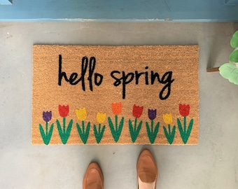 Flower Doormat, Hello Spring Welcome Mat, Front Porch Decor, New Home Gift, Spring Decor, Spring Doormat, Tulip Decor, Spring Door Decor