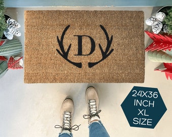 Large Doormat, Antler Doormat, Custom Welcome Mat, Personalized Doormat, Double Doormat, Antler Decor, Rustic Doormat, Cabin Decor, Coir Rug