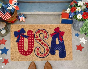 USA Patriotic Coir Doormat with Ribbon Bows, 4th of July Welcome Mat