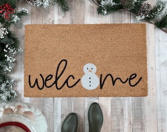 Snowman Christmas Doormat, Winter Welcome Mat, Christmas Front Porch Decor, Holiday Coir Door Mat