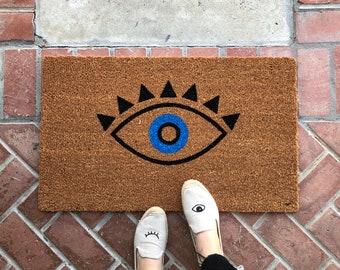 Evil Eye Doormat, Boho Doormat Layering Rug, Colorful Door Mat, Housewarming Doormat, Spring Doormat, Cute Doormat, Yoga Gift for her, Coir