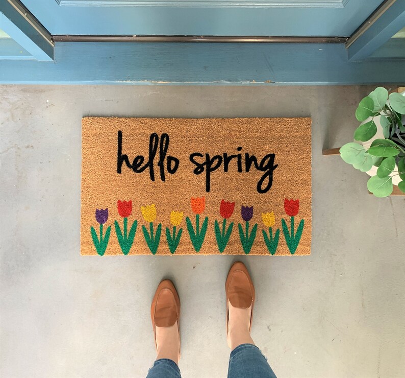 Flower Doormat Hello Spring Mat Front Porch Decor Etsy