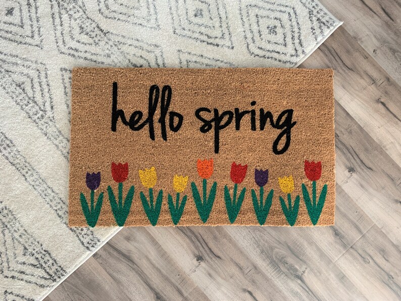 Flower Doormat Hello Spring Mat Front Porch Decor Etsy