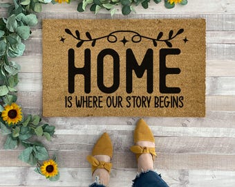 Home Is Where Our Story Begins Coir Doormat with Leaf Design, Housewarming Gift for Couple