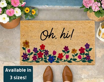 Oh hi Floral Doormat, Outdoor Coir Welcome Mat, Piano Flowers Decor, Colorful Porch Decor