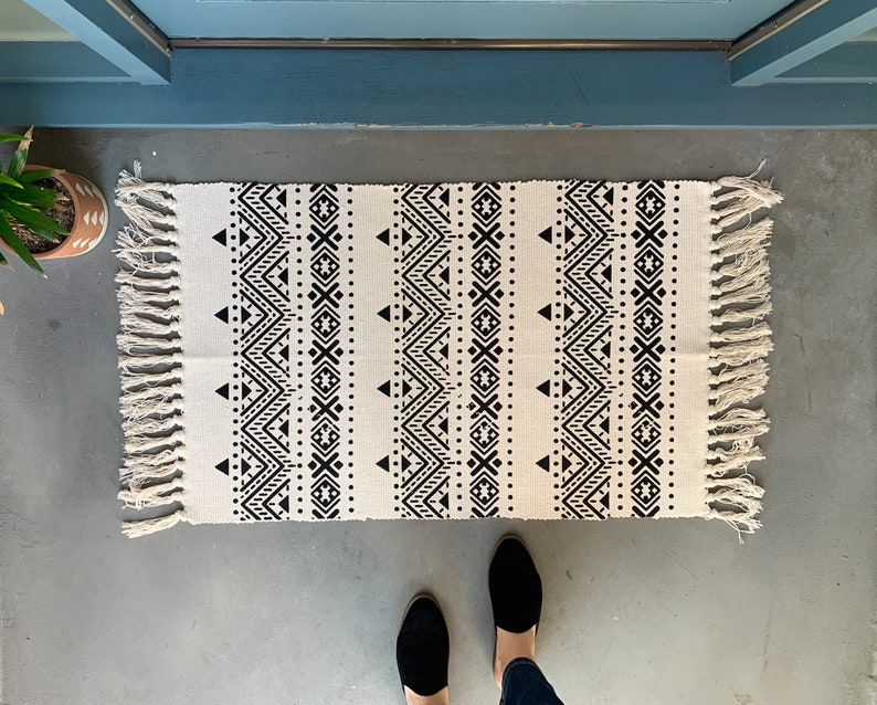Black and White Accent Rug / Boho Area Rug / Doormat Layer Rug Etsy