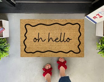 Oh Hello Coir Doormat with Scalloped Border, Whimsical Doormat, Front Door Mat available in 3 sizes