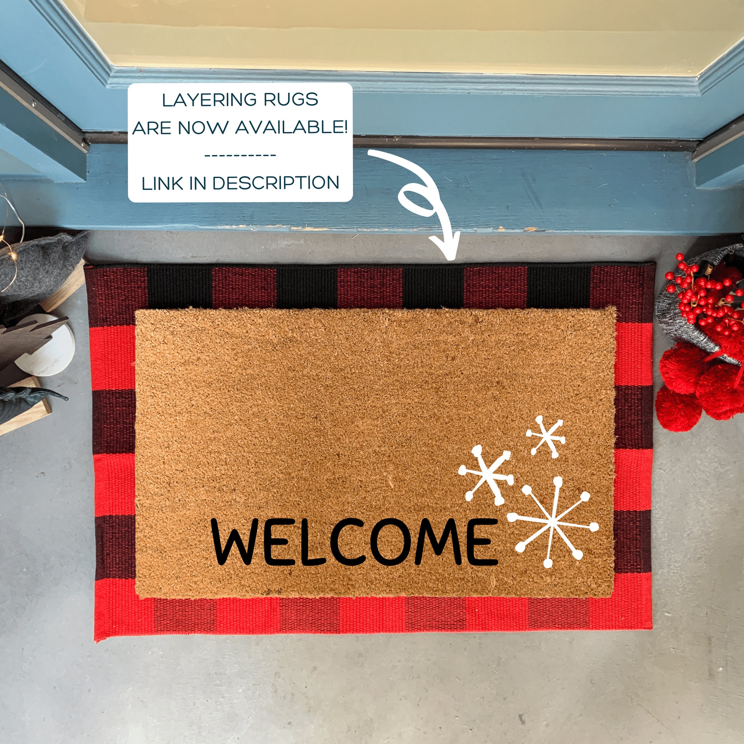 LBCASA Christmas Indoor Door Mat - 18x30, Non-Slip Welcome Mat for Patio,  Xmas Snowflake Winter Line Aesthetics Blue Front Door Rug for Entry