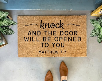 Matthew 7:7 Bible Verse Doormat, Christian Coir Welcome Mat, Religious Doormat for couples, Quote Doormat, Christian Porch Decor
