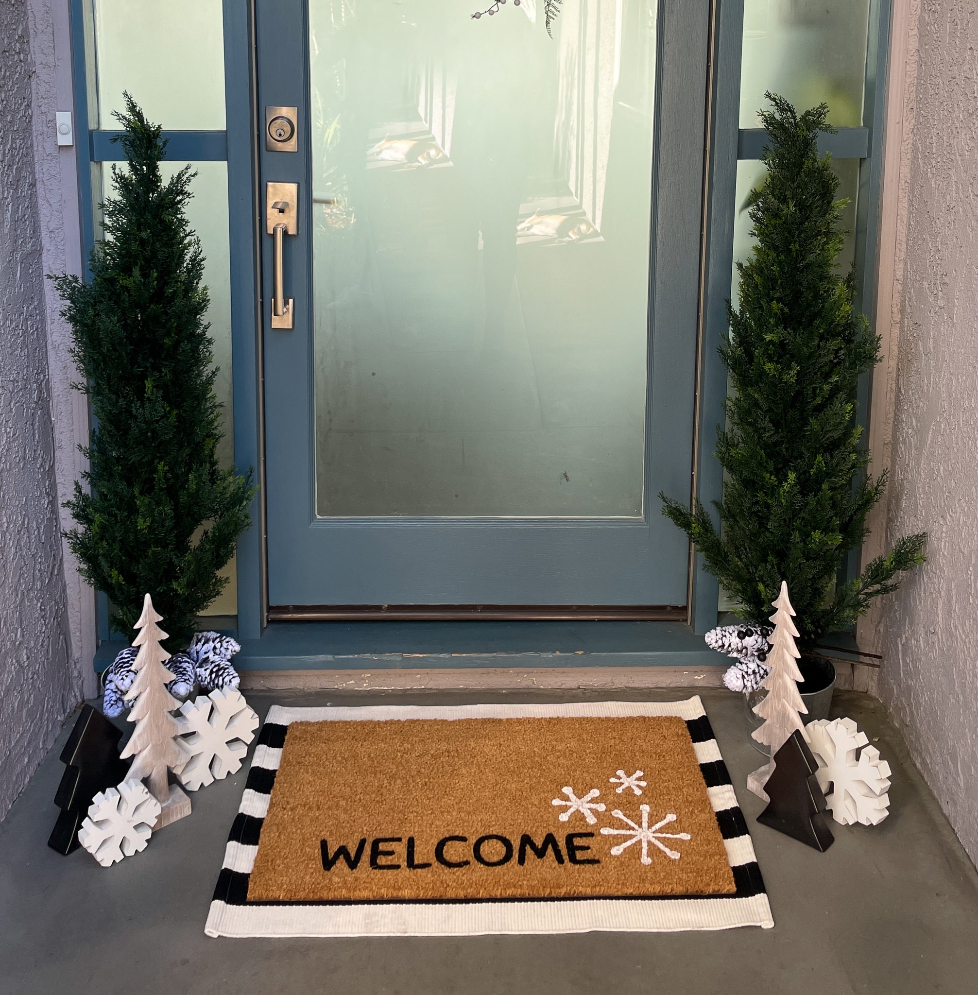 PRINT PICTURE ARTHOME Door Mat Indoor Entrance Rugs Indoor, Merry Christmas  Snowflake Snowman Blue Doormat Front Porch Decor, Non Slip Small Rug Floor
