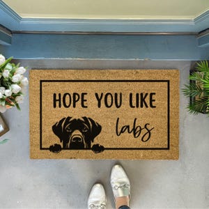 May include: A brown coir doormat with the text "Hope you like labs" and a black Labrador Retriever peeking over the top.