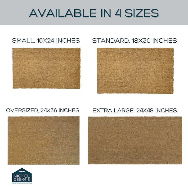 May include: Four doormats in different sizes: small (16x24 inches), standard (18x30 inches), oversized (24x36 inches), and extra large (24x48 inches).