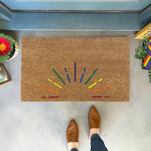 Rainbow Pride Doormat, Starburst Welcome Mat, LGBTQ+ Decor, Colorful Front Door Mat for Pride Month, LGBTQ Welcome Mats, Gay Pride Doormat