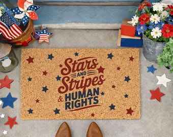 Stars Stripes Human Rights Doormat, Patriotic Welcome Mat for Summer, Anti Trump Political Mat Large, Red White Blue Stars Doormat