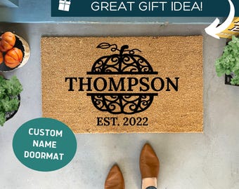 Custom Pumpkin Doormat with Last Name, Personalized Fall Coir Mat for Front Porch Decor, Autumn Wedding or Housewarming Gift, Halloween Mat
