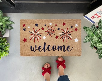 Fireworks Doormat Summer, Fourth of July Doormat Outdoor, Summer Porch Decor, Red White and Blue Decor, 4th of July Doormat, Summer Door Mat