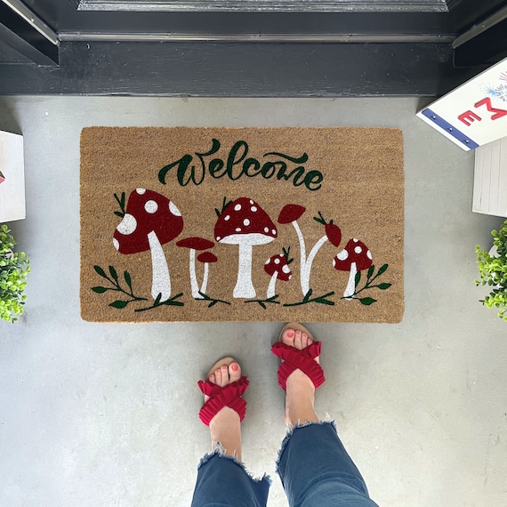Mushroom Doormat, Red Mushroom Decor, Plant Doormat Outdoor, Gift for plant lover, Mushroom Rug, Fairy Decor, Cottagecore Decor Toadstool