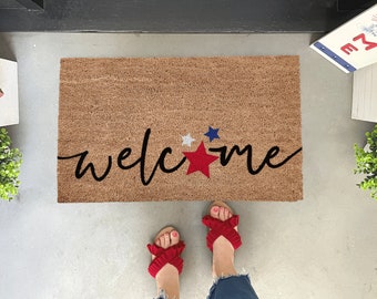 Summer Doormat, Fourth of July Doormat, Red White and Blue Decor, 4th of July Doormat, Summer door decor, Summer birthday gift, Coir doormat