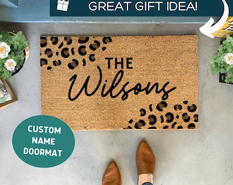 Cheetah Print Doormat Personalized with Last Name, Leopard Welcome Mat, Custom Gift for Wedding or Housewarming, Animal Print Rug, 24x36 mat