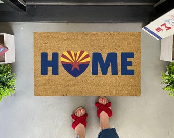 Arizona HOME Coir Doormat with State Flag Heart, Welcome Mat in 3 sizes