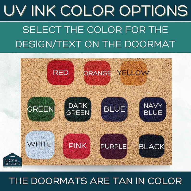 May include: A colour chart showing UV ink colour options for doormats. The colours include red, orange, yellow, green, dark green, blue, navy blue, white, pink, purple, and black. The doormats are tan in colour.