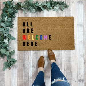 All Are Welcome Here Doormat, Pride Doormat, Pride Decor for porch, LGBT Pride Decor, Gay Doormat, Outdoor Doormat, Pride gift for couples