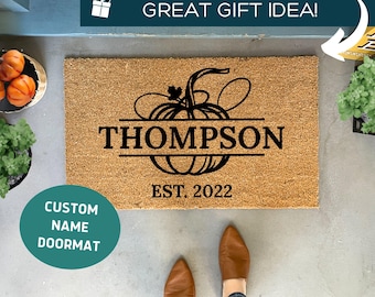 Personalized Pumpkin Fall Doormat, Custom Last Name Doormat, Autumn Porch Decor, Thanksgiving Coir Welcome Mat, Fall Entry Rug, Rustic Decor