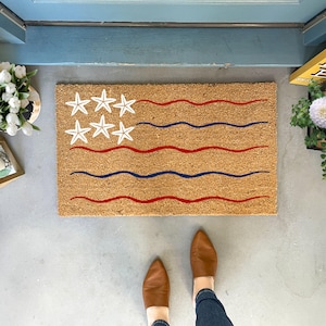 Patriotic Flag Doormat Outdoor, Summer Doormat Starfish, Beach House Sign, Beach House Art, Starfish Decor, Coastal Welcome Mat Large