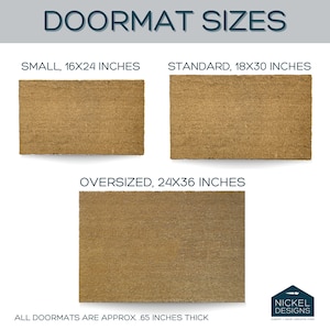 May include: Three doormats in different sizes: small (16x24 inches), standard (18x30 inches), and oversized (24x36 inches). All doormats are approximately 0.65 inches thick.