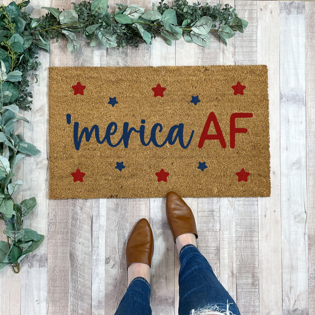 Merica AF Patriotic Doormat, Funny Summer Welcome Mat With Red & Blue ...