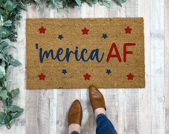 Paillasson patriotique Merica AF, drôle de tapis de bienvenue estival avec étoiles rouges et bleues, décoration de porche du 4 juillet, tapis d'entrée des États-Unis, grand paillasson grossier