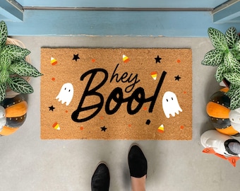 Hey Boo Halloween Doormat, Cute Ghosts Welcome Mat, Fun Spooky Porch Decor, Coir Outdoor Mat for Halloween Entryway, Candy Corn Decor