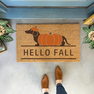 May include: A rectangular tan coir doormat featuring a brown dachshund wearing an orange beret, positioned behind a large orange pumpkin. The text HELLO FALL is printed in black capital letters between two horizontal black lines.