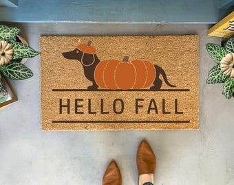 Hello Fall Dachshund Coir Doormat, Pumpkin Dog Welcome Mat
